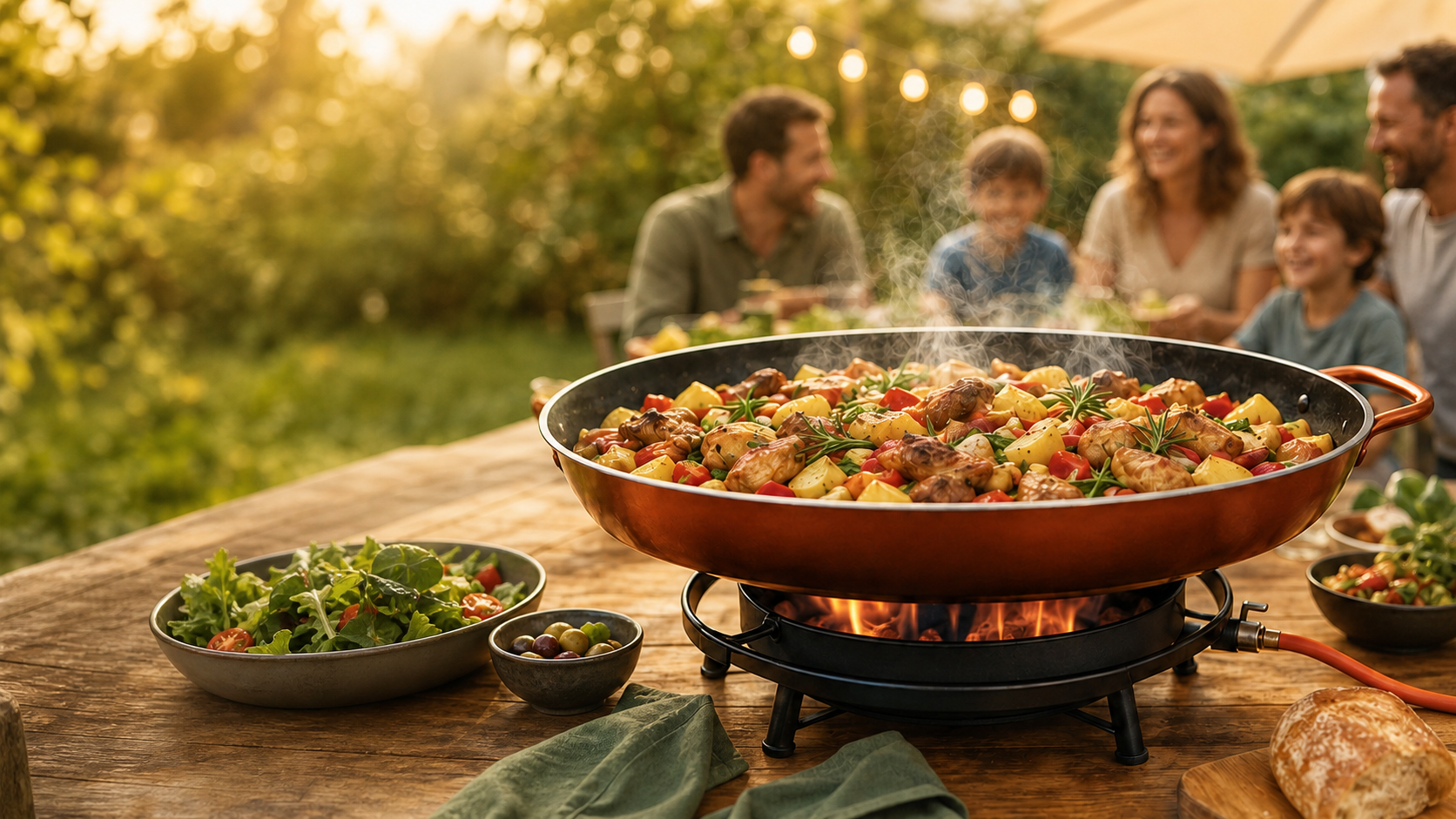 Grosse Eventpfanne mit frisch zubereitetem Essen